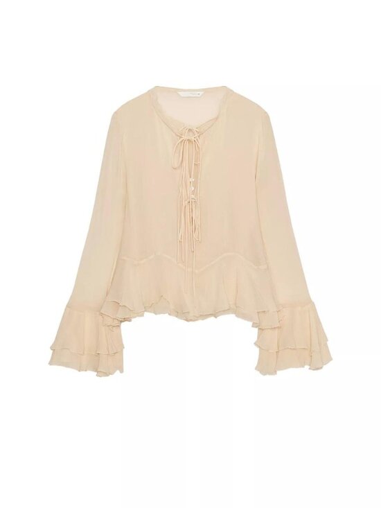 Zara Tops - Zara Light Beige Ruffle Tie-Neck Blouse
